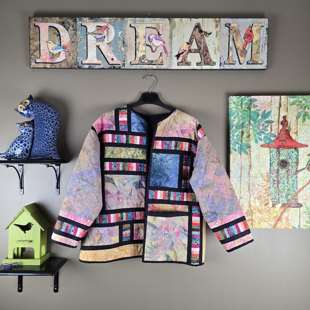 Handmade Quilted Patchwork Embroidered Open Front Jacket XL